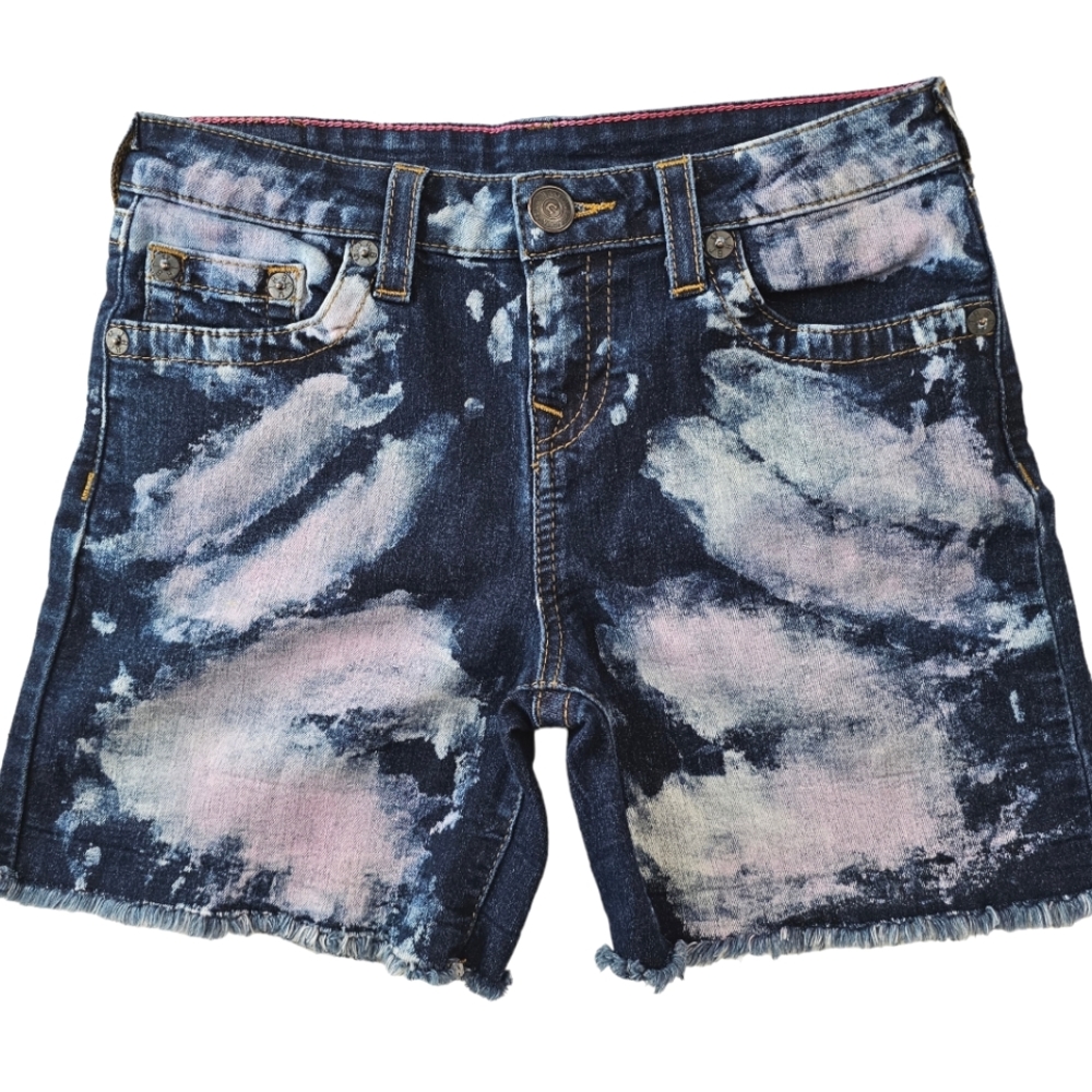True Religion Dark Blue Nwot Acid Wash w Pink Raw Hem Audrey Jean Shorts
